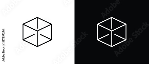 Simple cube icon. 3D modeling icon. A cube with a simple outline on a black and transparent background. Editable stroke.