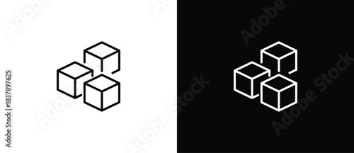Cube icon symbol with three blocks. A cube with a simple outline on a black and transparent background. Editable stroke.