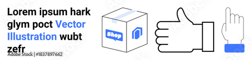 Online shopping, e-commerce, delivery, customer interaction, marketing, packaging. Box with shop logo, thumbs-up pointing cursor. Online shopping and e-commerce