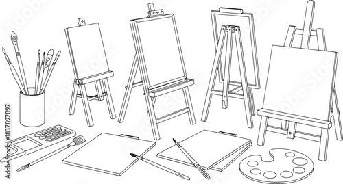 Collection of art supplies including easels paintbrushes palette and drawing boards paint brush