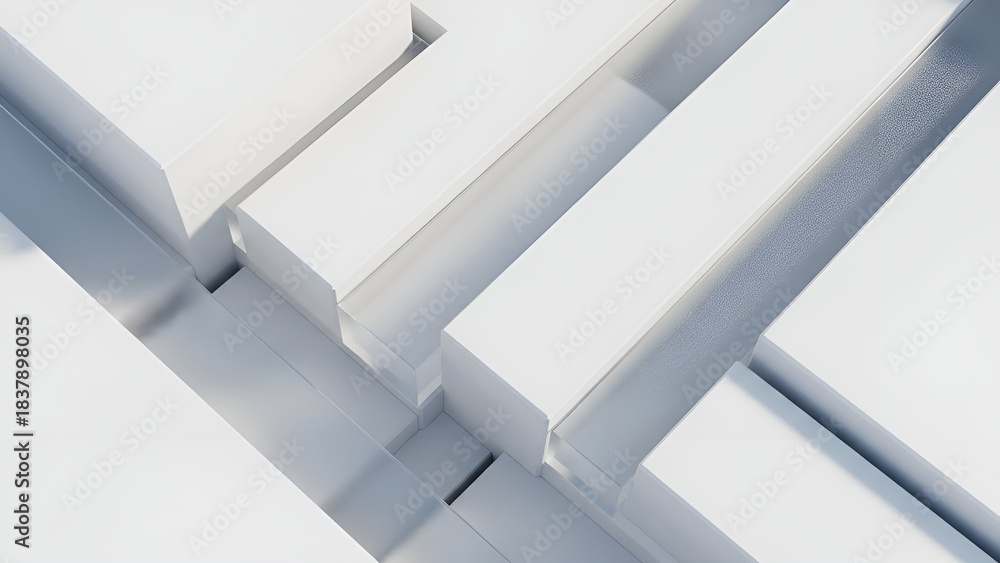 Obraz premium Abstract geometric composition of white 3D shapes with subtle blue shadows and highlights, creating a clean and modern aesthetic for design backgrounds