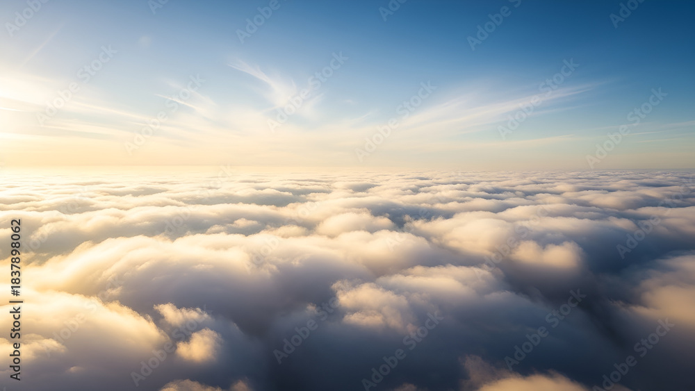 Obraz premium Aerial view above the clouds at sunrise, with golden light illuminating the sky and wispy clouds below, creating a serene and breathtaking scene