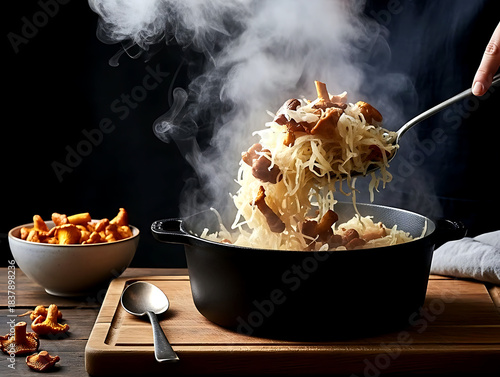 Polish kapusta z grzybami (sauerkraut with wild mushrooms), steam rising from a cast iron pot as mushrooms are stirred in 