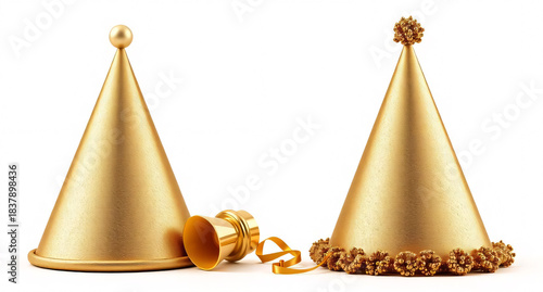 Two elegant, textured golden conical party hats standing upright with a shiny golden noise-maker or blower and ribbon lying between them. The hats feature sophisticated gold ornamentation.