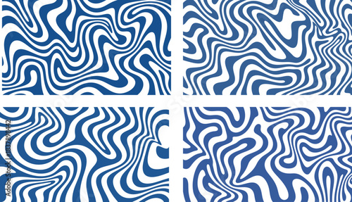 Abstract blue and white wavy psychedelic fluid lines pattern background creates a modern retro visual illusion design