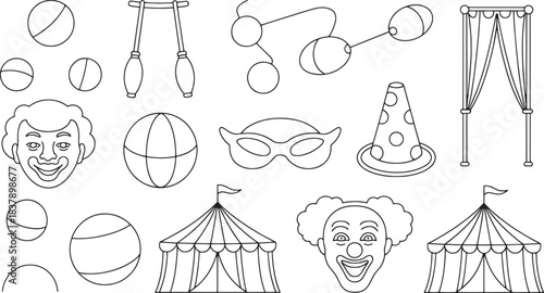 Collection of black and white circus elements including tents clowns masks and balls vector