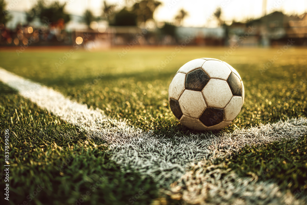 Obraz premium A soccer ball rests on the grass near the corner line during late afternoon. The scene displays vibrant colors and intricate details, highlighting the sport's essence