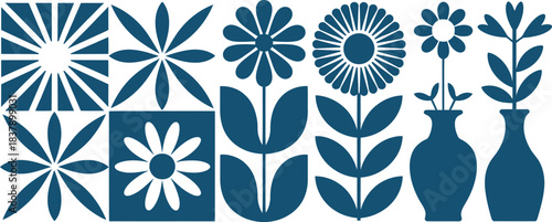 Elegant abstract floral and geometric pattern featuring stylized flowers sunbursts and leaves in a charming midcentury modern design style