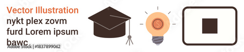 Education, innovation, creativity, knowledge sharing, academic growth, learning resources. Graduation cap, light bulb with coin abstract square icon. Education and innovation