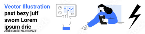 Data analytics, digital control, dashboard interface, technology management, electrical symbols, user interaction. Hand pointing at a digital panel, woman with a tablet analyzing. Data analytics