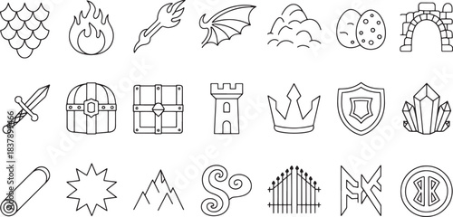 Collection of fantasy and game icons including dragon scales fire sword treasure chest and crown fantasy icon