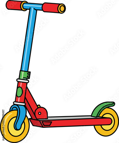Colorful cartoon kick scooter with a red frame blue handlebar and yellow wheels.