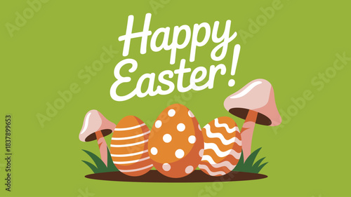 Happy Easter festive greeting card illustration with decorative orange eggs and charming mushrooms on a vibrant green background