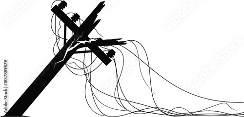 Broken utility pole with hanging wires, split wooden pole leaning, damaged crossarms and insulators, infrastructure failure after storm, power outage hazard illustration