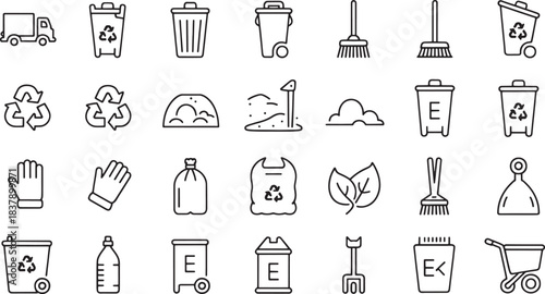 Collection of minimalist black line art icons for recycling and cleaning trash can garbage bin