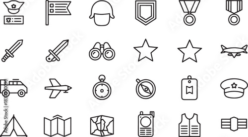 Collection of minimalist black line art icons representing military and outdoor adventure themes army