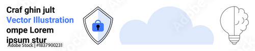 Cybersecurity, data storage, creativity, cloud services, innovation, mental processes. A shield with a lock, a cloud and a light bulb a brain. Cybersecurity and data storage visuals