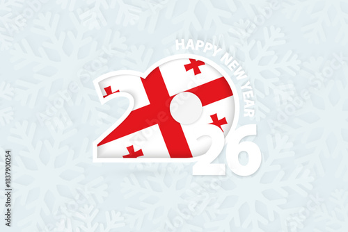 New Year 2026 for Georgia on snowflake background.