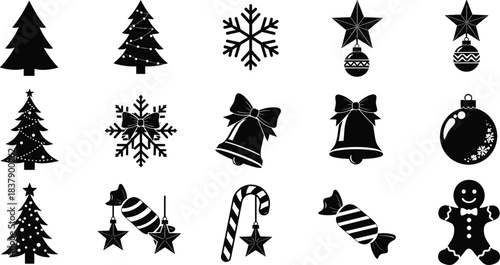 Christmas silhouette icons set, vector holiday symbols collection, decorative trees snowflakes bells ornaments candy canes gingerbread stars, black festive silhouettes