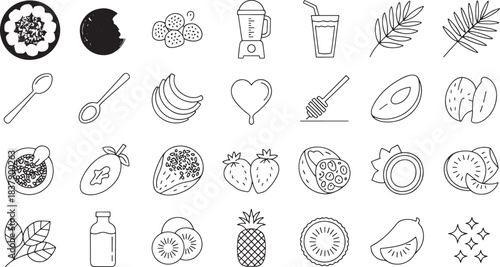 Collection of minimalist line art icons featuring food fruits and kitchen items vector