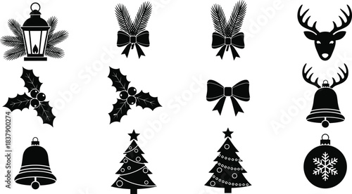 Christmas silhouette icons, holiday ornament set, pine branches with bows, reindeer head with antlers, holly and berries, bells and trees
