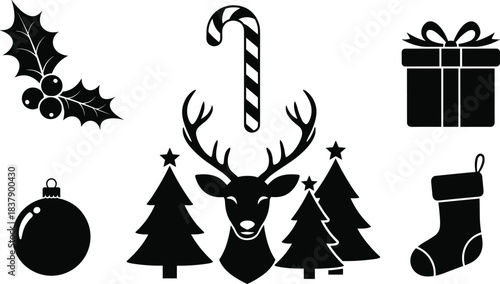 Christmas silhouette icons, reindeer head with antlers, three Christmas trees with stars, candy cane, holly, ornament, gift box, stocking, holiday, vector, set