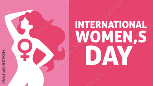 International Womens Day celebration illustration featuring a powerful female silhouette against a vibrant pink background advocating for gender equality and empowerment