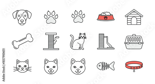 Collection of pet-related line art icons for cats and dogs, including food, toys, and accessories for veterinary or pet shop use.