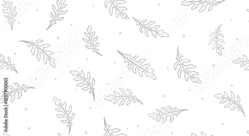 Minimalist black and white seamless pattern of scattered arugula or rocket leaves in a delicate, hand-drawn stippled line art style.