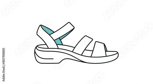 A simple line art illustration of a comfortable women's summer sandal with thick straps, featuring a subtle touch of turquoise color.