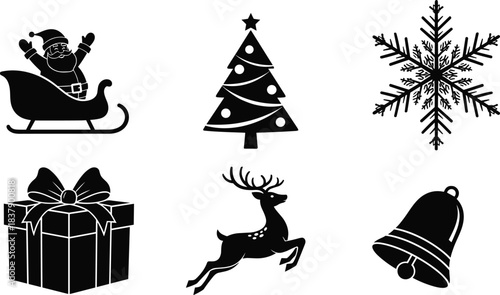 Christmas silhouettes, Santa sleigh, decorated tree with star, snowflake ornament, wrapped gift box, leaping reindeer, bell with ribbon, holiday icons