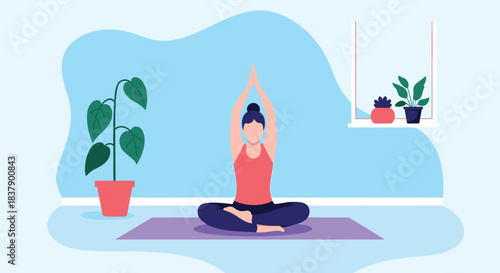 A woman meditating in the lotus yoga pose at home with hands raised in prayer, creating a peaceful scene with indoor plants.