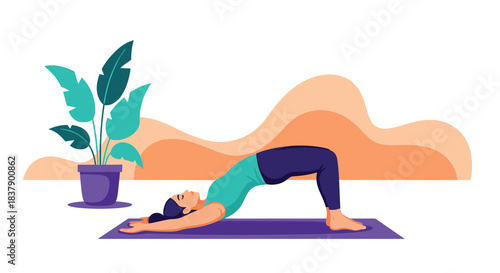 A woman practicing the bridge pose yoga asana on a purple mat next to a large potted plant, illustrating fitness and flexibility.