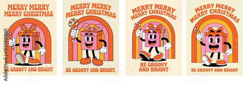 Retro Christmas gift box character holding candy cane with rainbow and festive text groovy style holiday card set