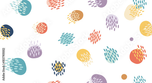 A playful and abstract seamless pattern of colorful spots with trailing dots, creating a sense of movement on a white background.