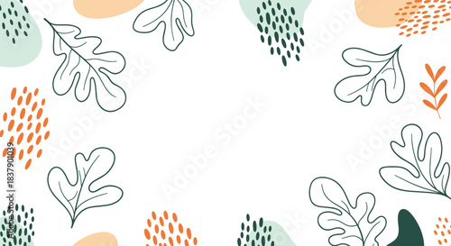 Minimalist background frame with hand-drawn oak leaf outlines and abstract shapes in muted earth tones, offering ample copy space.