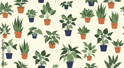 A stylish seamless pattern showcasing a diverse collection of green houseplants in blue and brown pots on a neutral cream background.