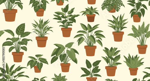 A charming seamless pattern of various green potted houseplants on a light beige background, perfect for home decor and textiles.