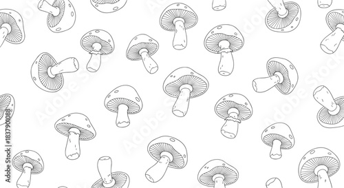A seamless black and white pattern of scattered, hand-drawn mushrooms in a detailed line art style, isolated on a white background.