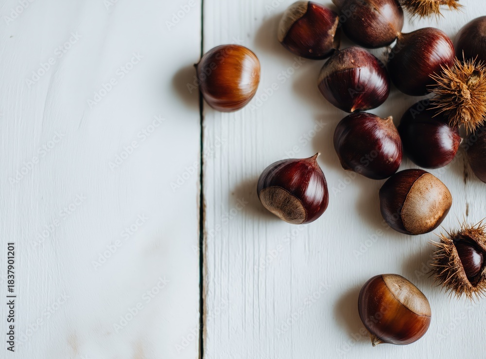 Obraz premium Fresh chestnuts scattered on white wooden table 