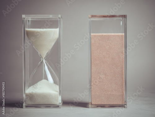 White sand hourglass and pink sand timer side by side evoking contrast between flowing time and suspended stillness