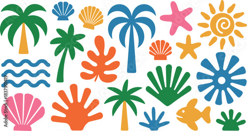 Vibrant tropical summer beach vacation elements collection featuring palm trees seashells sun and ocean waves isolated vector illustration