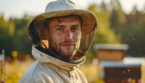 Apicultor trabajando al aire libre con traje protector al atardecer