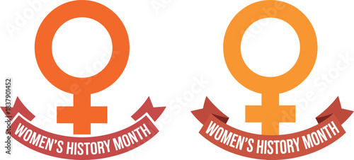 Vibrant orange and yellow female gender symbols prominently displayed with a celebratory red ribbon banner for Womens History Month recognition