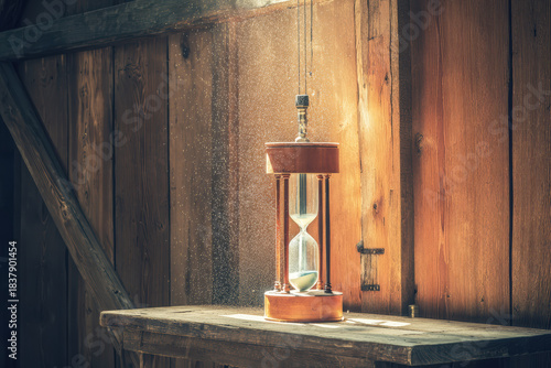 Antique hourglass sand timer wooden table sunbeam dust particles rustic barn vintage decor time concept
