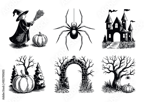 Halloween black and white woodcut style icons featuring a witch with broom, spider, castle, pumpkins, and haunted trees for seasonal celebration graphics.