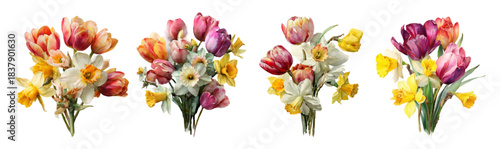 Delicate watercolor flower collection featuring tulips, narcissus and wildflowers. Botanical spring illustration with pastel blooms perfect for vintage invitations.