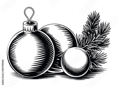 Vintage black and white engraving style depiction of three Christmas tree ornaments with pine needles, perfect for holiday greetings and seasonal decor designs.