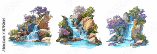 Stunning waterfall cascading down mountain cliffs surrounded by lilac flowers and lush forest scenery. Perfect nature illustration for spring landscape designs.