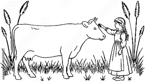 Coloring page of girl petting cow in field outline illustration